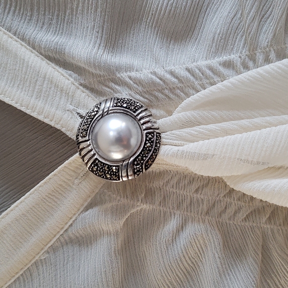 VTG Sterling Marcasite Brooch/ Earrings set w. faux pearl center - Picture 9 of 9